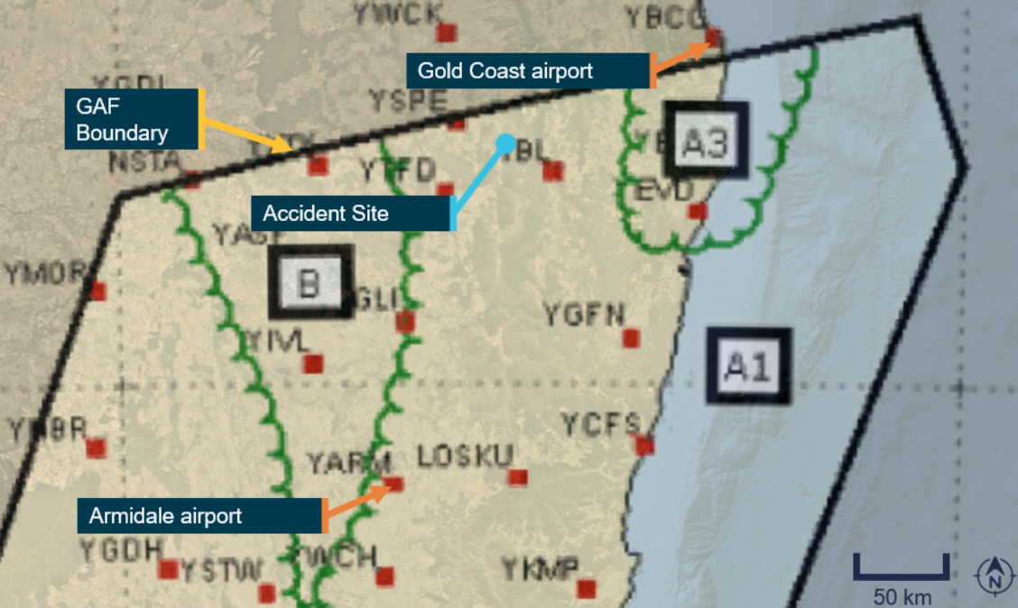 BoM image of the graphical area forecast (GAF) for the area encompassing the flight path south of Gold Coast to the accident site.