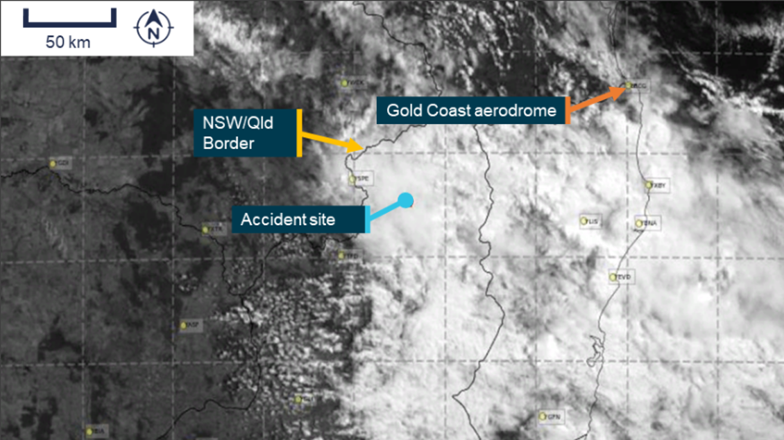 Satellite cloud imagery at 1040 AEST (6 minutes before the accident) 