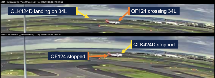 2 CCTV stills at the intersection of runway 34L and 25 just prior to and at the time of the occurrence. The ATSB has annotated where the aircraft are in each image.