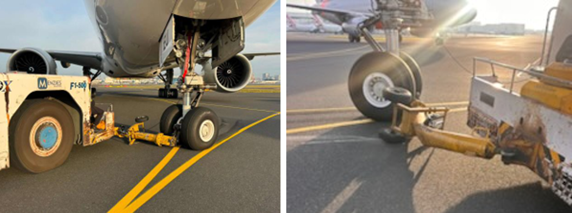 Images of the tug and B777 proximity after the emergency stop, showing the damage to the tow bar and contact with the B777 nosewheels.