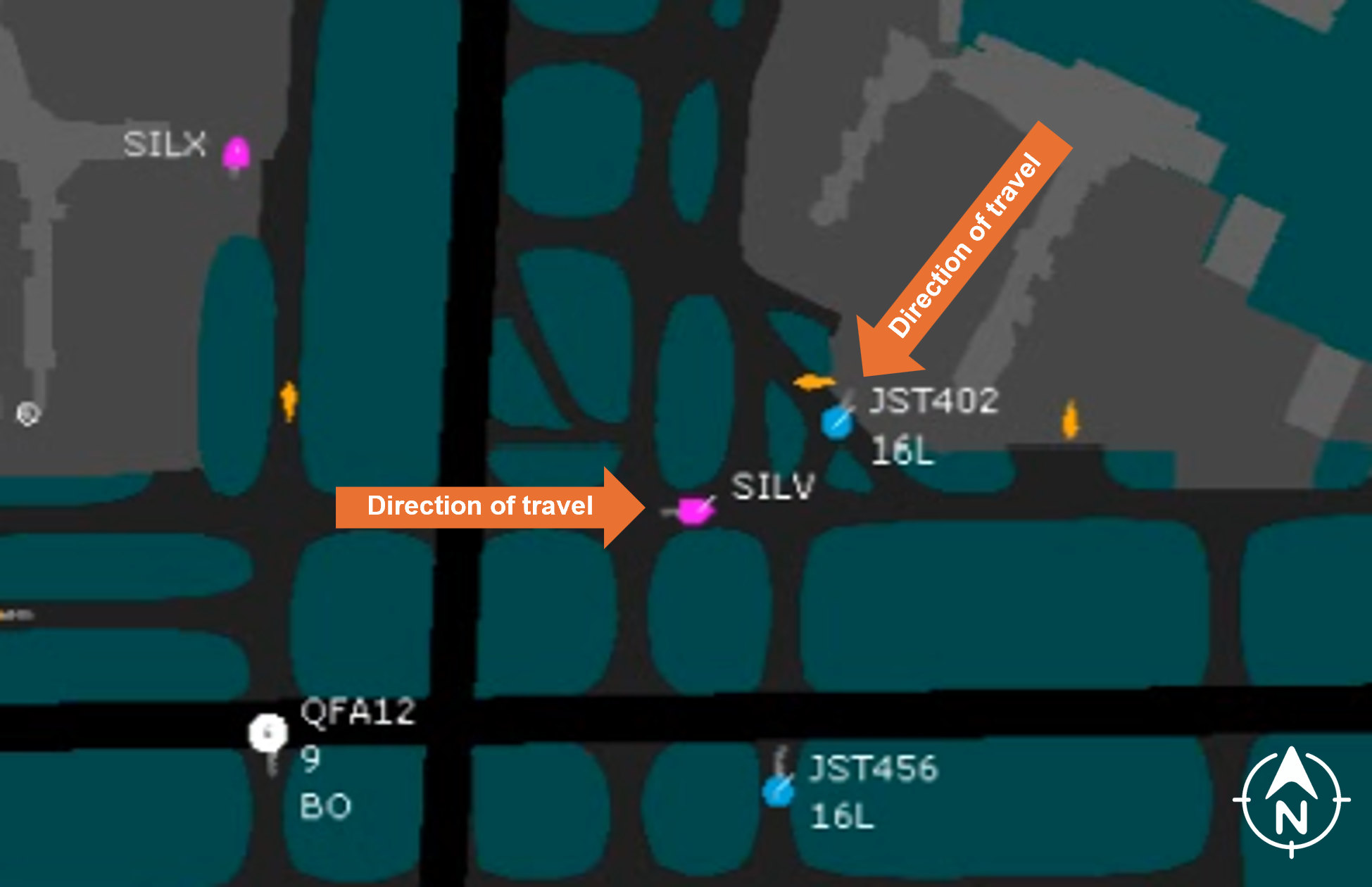 Overhead view of the Sydney Airport advanced surface movement control system, showing the location and direction of travel of Jetstar 456, 402 and tug Silver Victor.