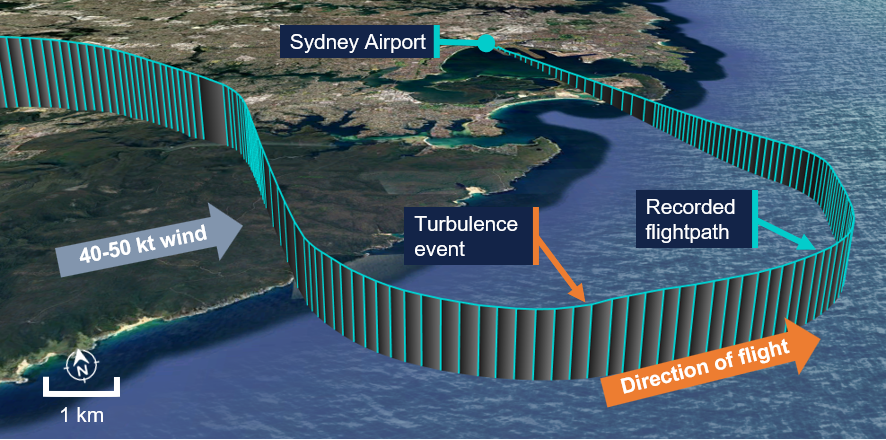 A satellite image of the Sydney area overlaid with a representation of the recorded flight data. The location of the turbulence event is annotated.