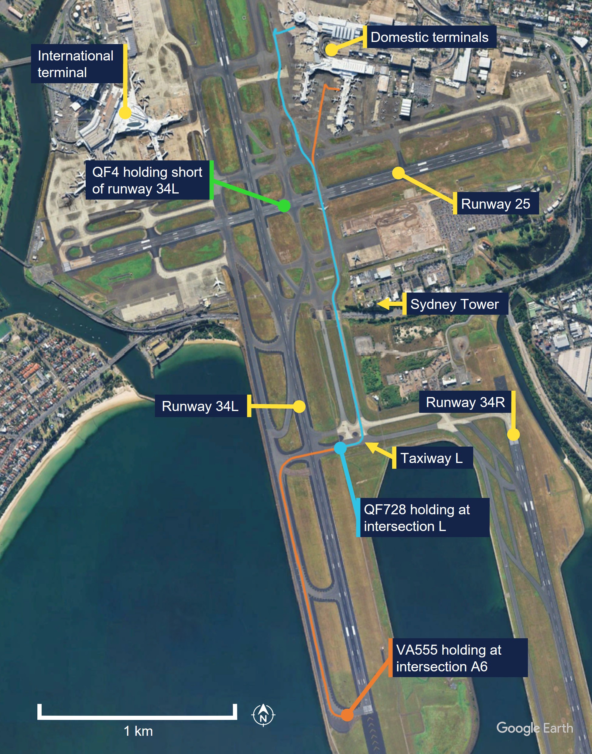 VA555 and QF728 taxi route and positions at 1003:48.