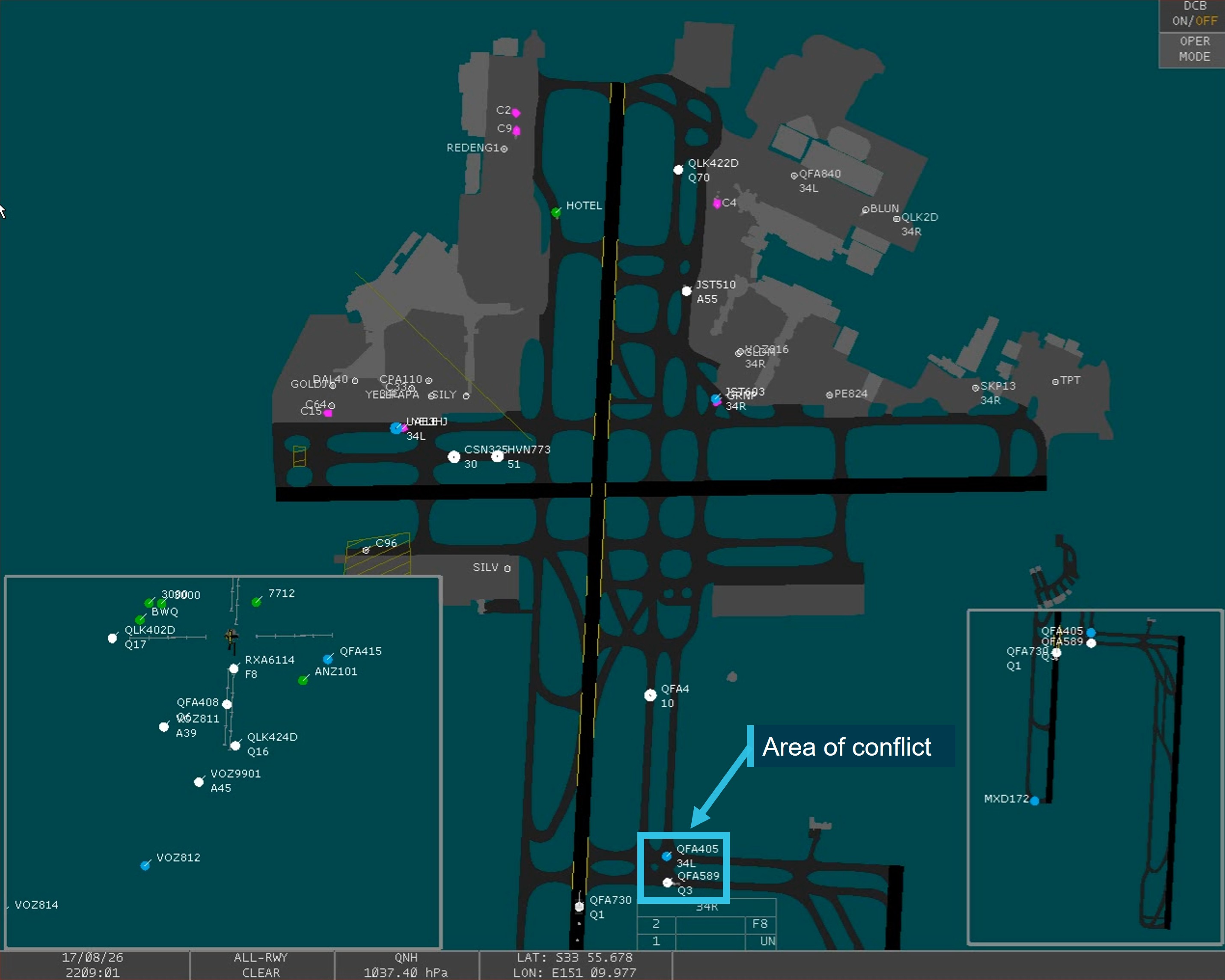 A reconstruction of the Sydney advanced surface movement guidance and control system (A-SMGCS) display around the time of the occurrence. It shows a map of Sydney Airport and the positions of aircraft around it.