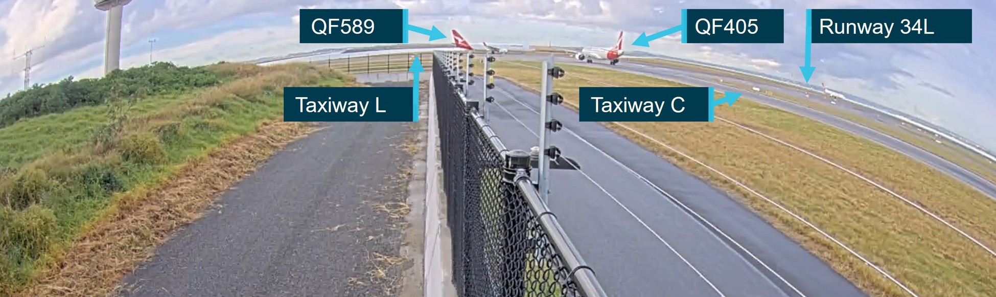 CCTV image of the intersection of taxiways C and L showing QF589 on the left and QF405 on the right.
