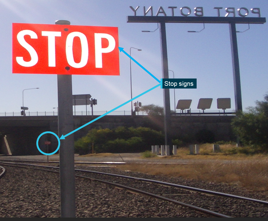Example of stop signs used in Port Botany prior to the installation of colour light shunting signals.
