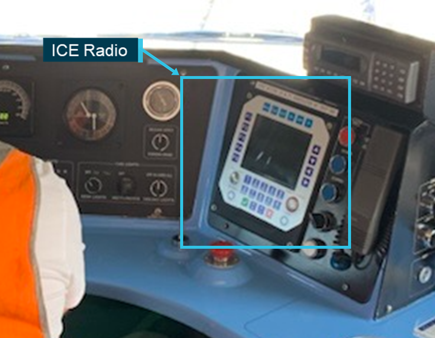 Example shown of an ICE radio interface console located in a drivers compartment.