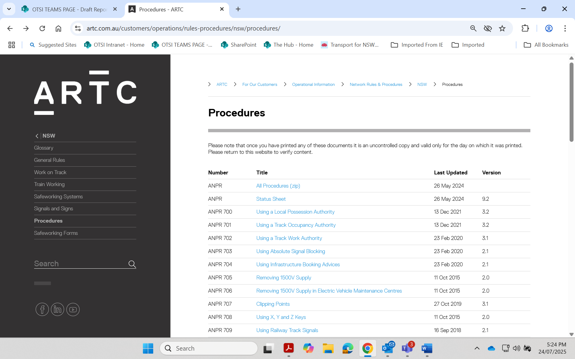 Screenshot of the procedures page on the ARTC website.