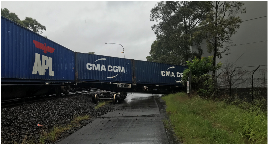Port Botany Yard Derailment in March 2020 showing the derailed wagon across the roadway in the same location as the January 2023 incident.