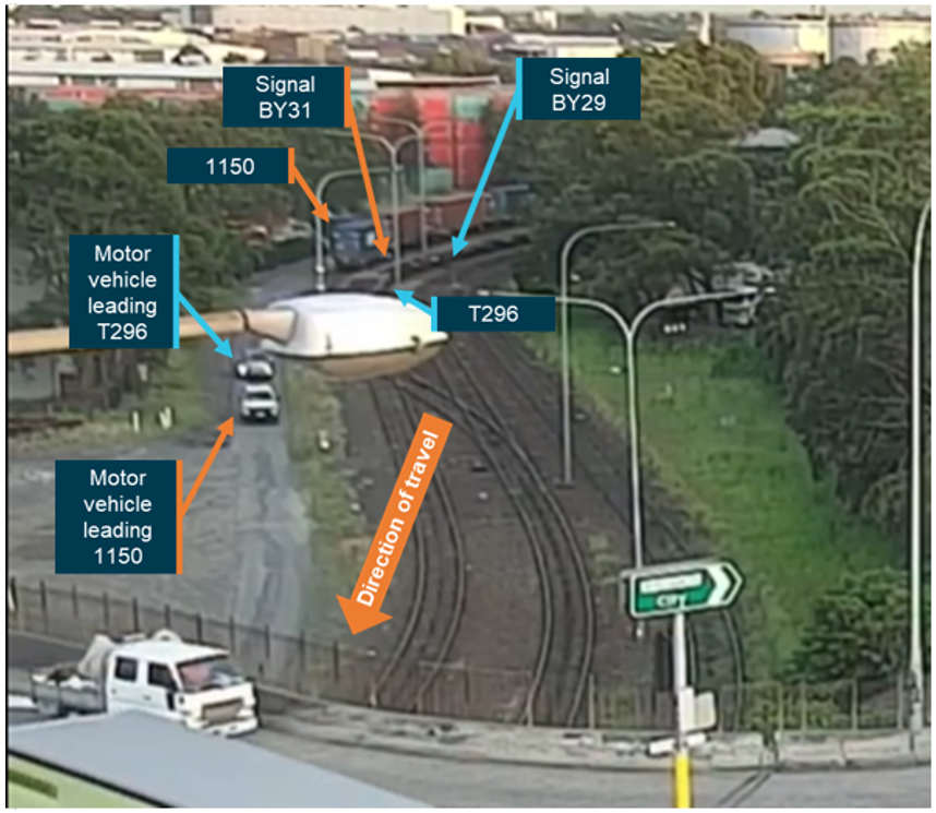 Both motor vehicles are moving away from the rear of both trains. Both trains are propelling towards the converging track.
