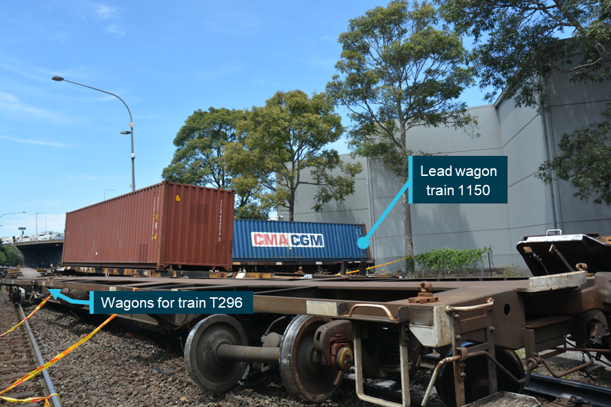 The aftermath of the collision and derailment showing the lead wagon of 1150 against a building and derailed wagons of train T296.