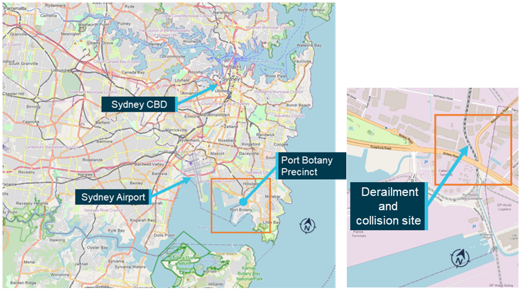 Left: Map showing Sydney central business district, Port Botany precinct and surrounds. Right: Inset map showing derailment and collision site at Port Botany.