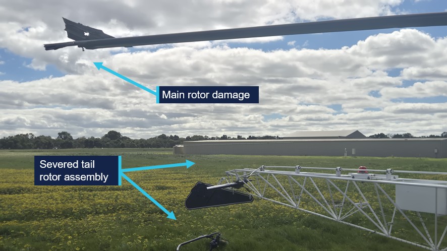 Photograph showing the damage to the main and tail rotor.