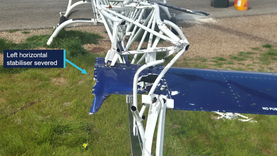 Photograph showing the damage to the left horizontal stabiliser.