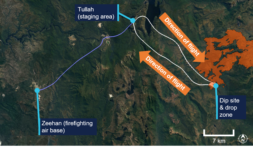 Satellite image with annotations for the air base, staging area and helicopter flight path to and from the dip site and drop zone.