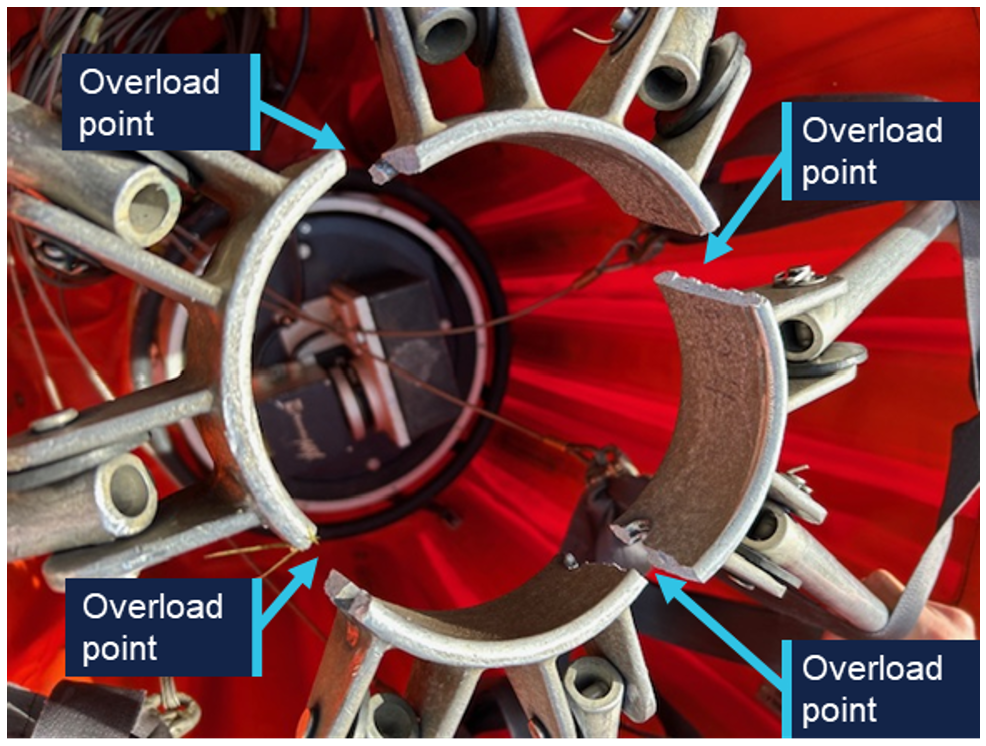 The bucket spoke assembly showing fractures in 4 places, equally spaced around the centre ring.