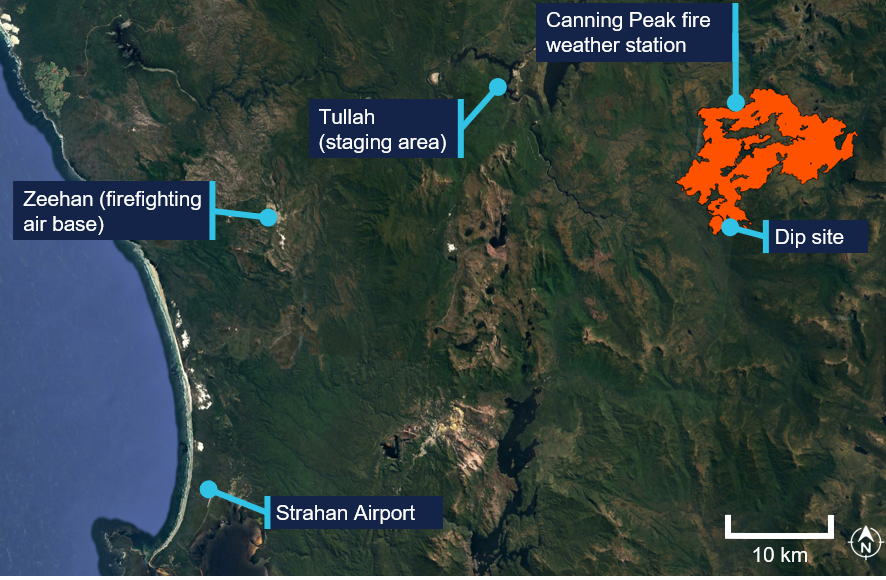 Satellite image showing the weather station approximately 10 km north of the dip site, with the fireground marked in between.