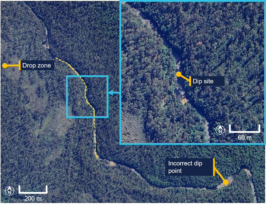 Detailed aerial view of the dip site along a river through a forested area.