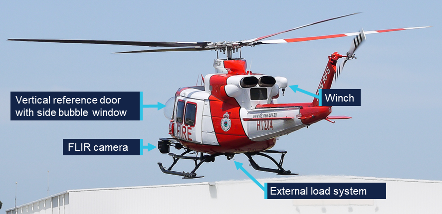 Red and white striped Bell 412 helicopter with key features annotated, including the vertical reference door and FLIR camera on the left, the winch on the right and the external load system underneath.