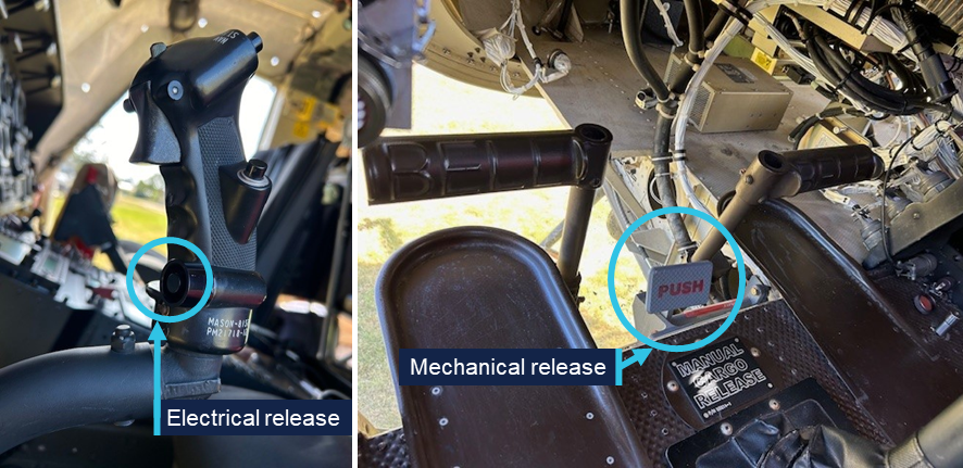 Images of the electrical load release button at the base of the cyclic hand grip, and the mechanical release foot switch between the rudder pedals.