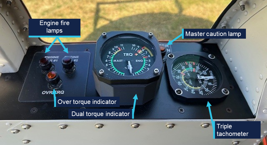 Image of the instruments and warning lights installed in the vertical reference door, including the dual torque indicator and the triple tachometer.