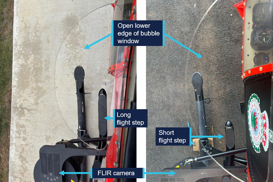 Top down view out of the helicopter's left hand bubble window, showing the potential obstructions to pilot view.