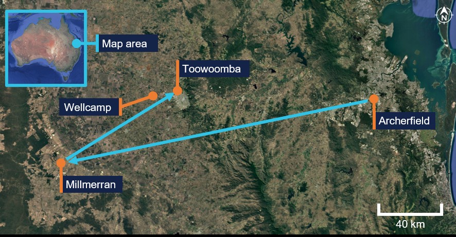 Map of a section of Queensland showing the planned flight from Archerfield to Millmerran to Toowoomba