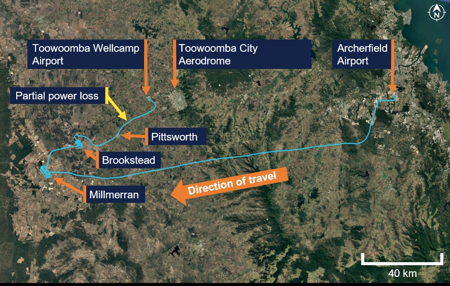 Map showing the recorded flight path of VH-HUU. A number of towns are identified and the point of the partial power loss.