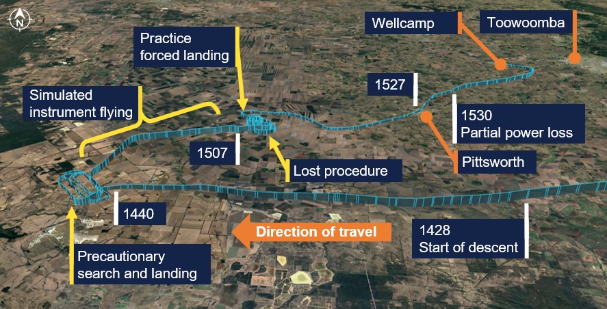 Map showing the recorded flight path from about 1428 onwards. Several times are identified at the aircraft position and the flight activities conducted are annotated.