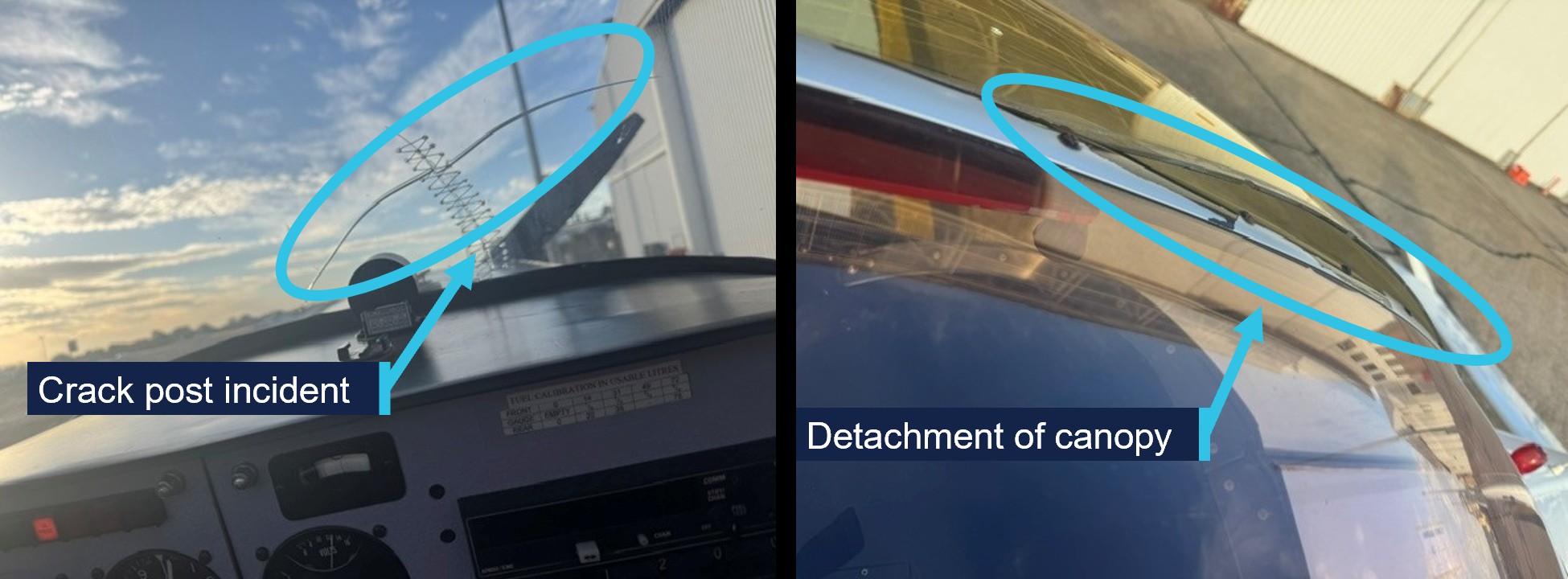 Photographs of VH-YAO's windscreen and canopy, taken immediately after the event. The windscreen photograph has a label 'crack post incident', pointing to a crack and the canopy photograph has a label 'detachment of canopy' pointing to an area of detachment. 