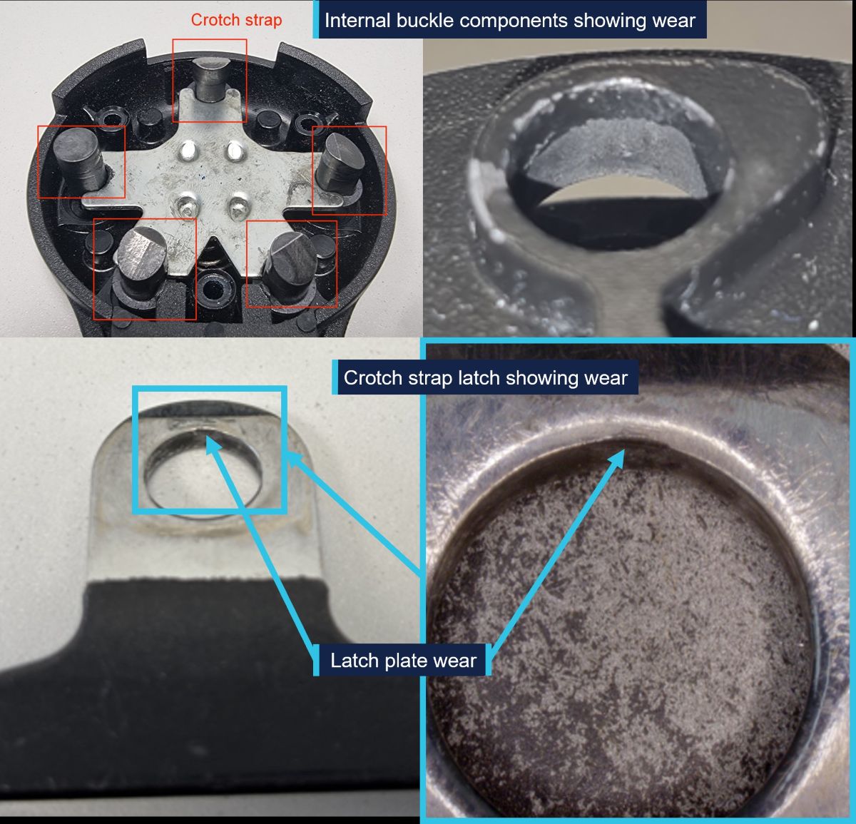 Four images from the manufacturer's examination of the restraint, the top two images show wear to internal buckle components and the bottom two images show wear to the latch plate.