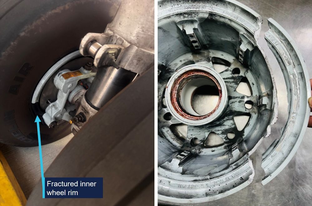 One image showing the location of the fractured section of inner wheel rim, between the two wheels on the aircraft's landing gear leg. Second image showing the extent of the fractured wheel, as removed from the aircraft.