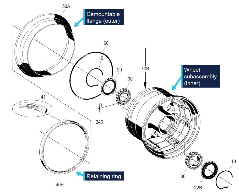 An exploded diagram of the main landing gear wheel with the key components highlighted.