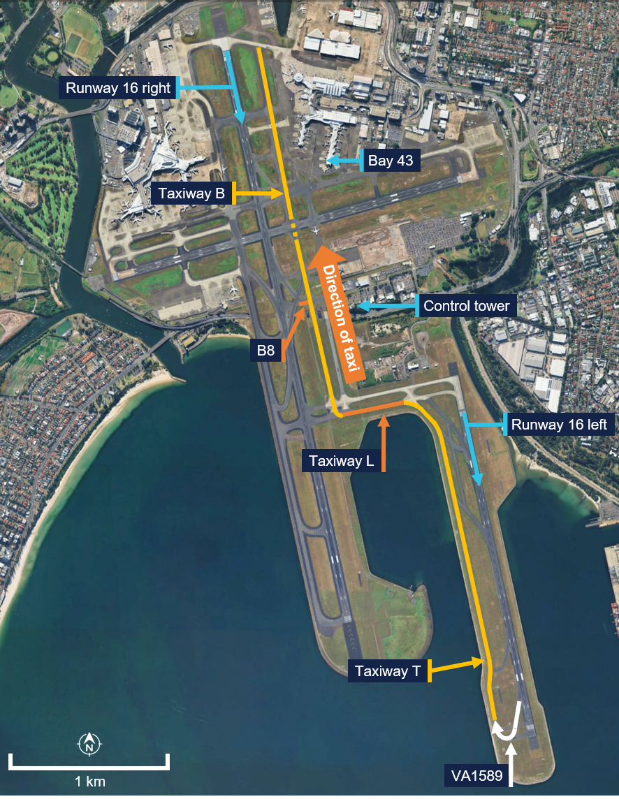 A satellite image of Sydney Airport annotated with the taxi routes of V1589, its bay and the position of the runways and control tower.