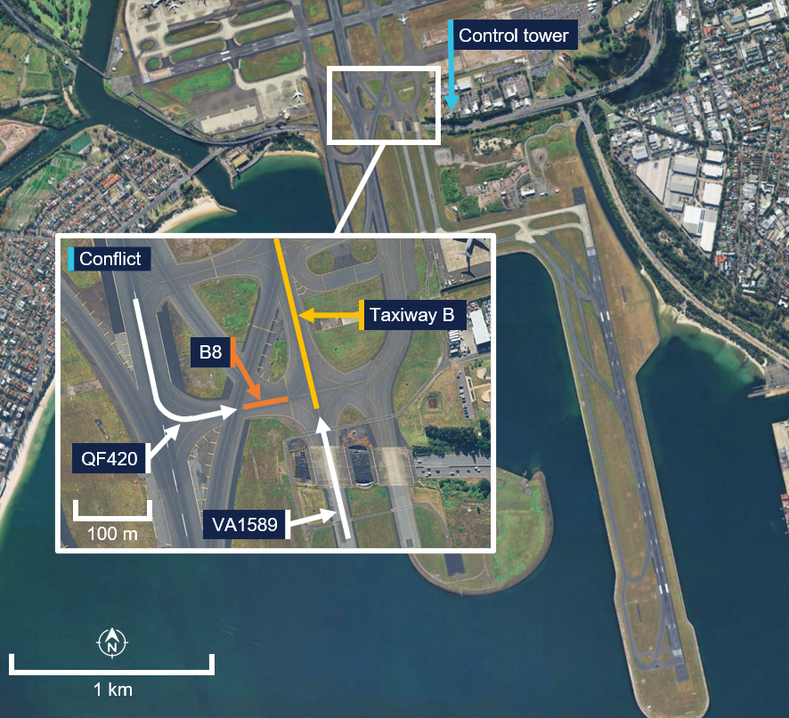 A satellite image of Sydney Airport. The location of the conflict is expanded showing QF420 turning off runway 16 right as VA1589 approaches from the south passing in front of VA1589.