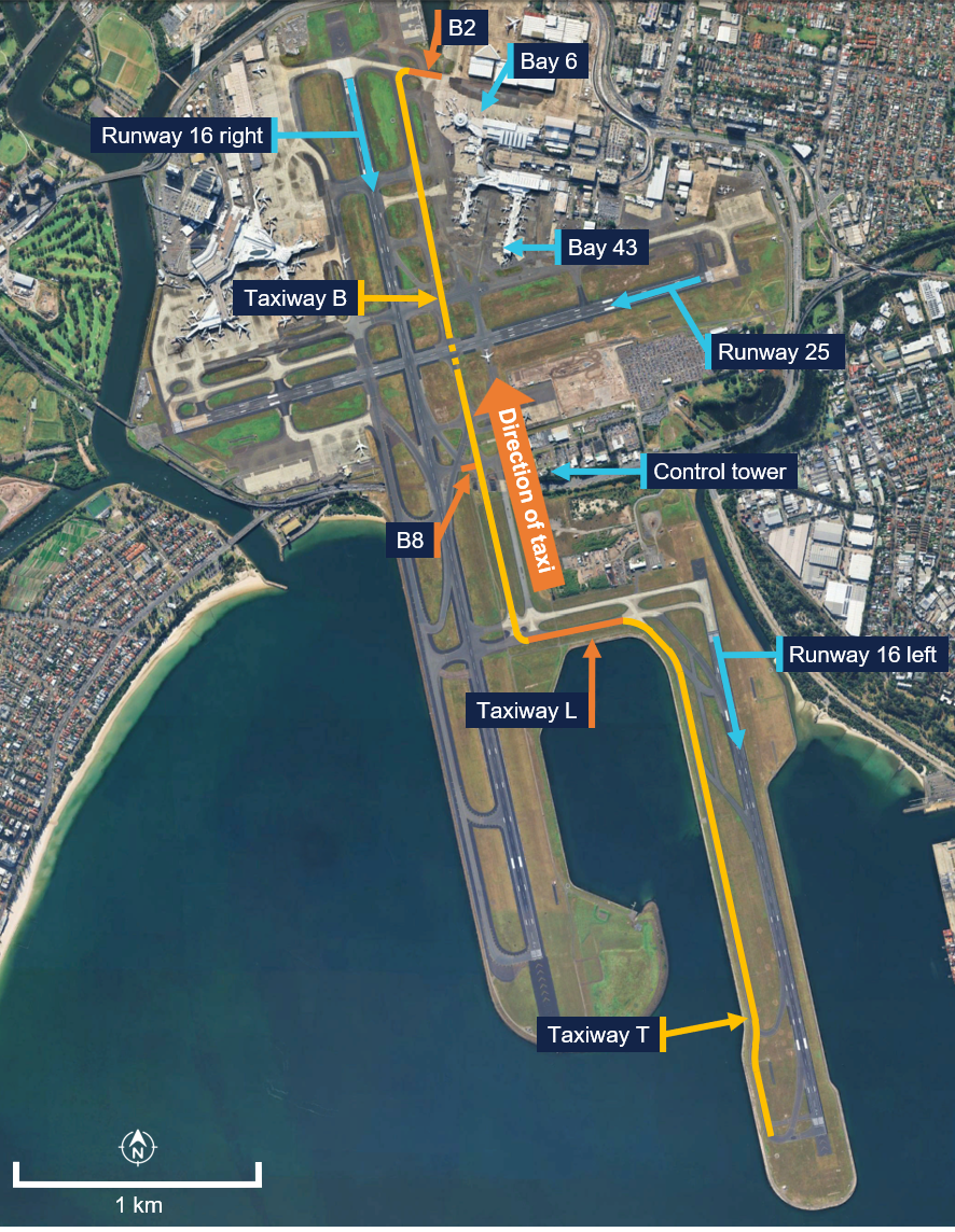A satellite image of Sydney Airport annotated with the taxi routes of each aircraft, their bays and the position of the control tower.