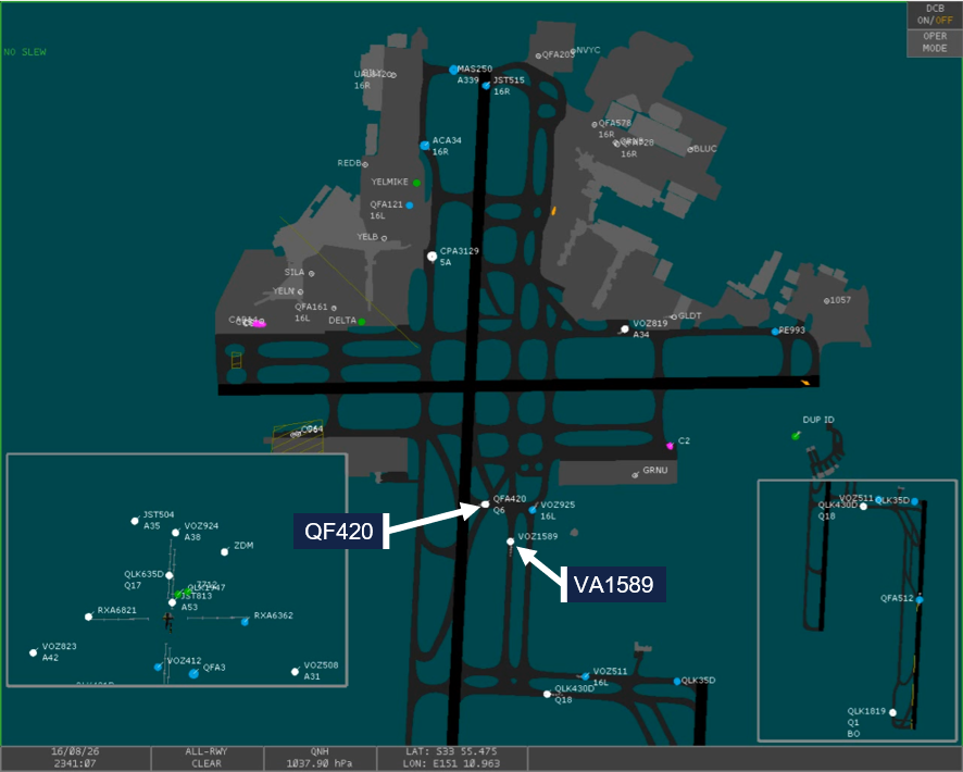 A screenshot of the advanced surface movement guidance and control system as VH-VZV vacated runway 16 right and VH-IXJ taxied along taxiway B to the intersection of taxiway B8.