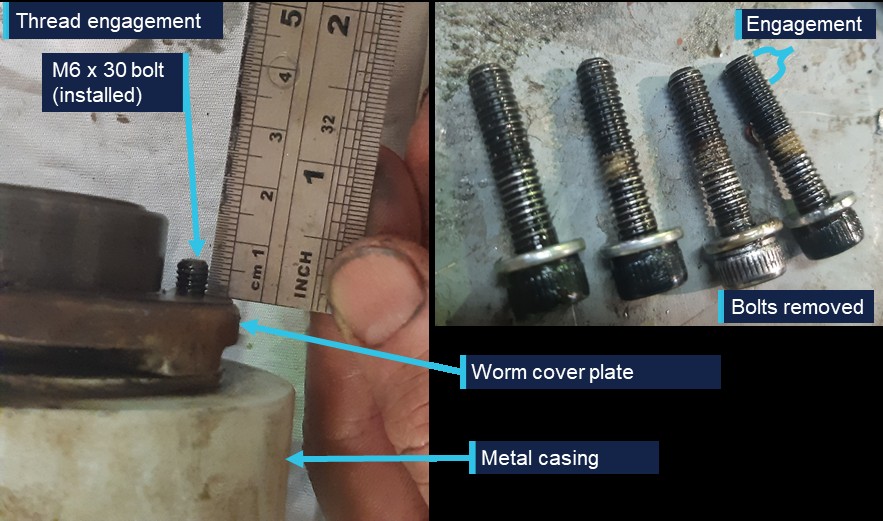 Photographs showing close-up of a mechanical assembly with an M6 x 30 bolt installed in the worm cover plate attached to the metal casing, alongside a ruler for scale. Four removed bolts with visible thread engagement are displayed on a surface, highlighting differences in thread wear and engagement.