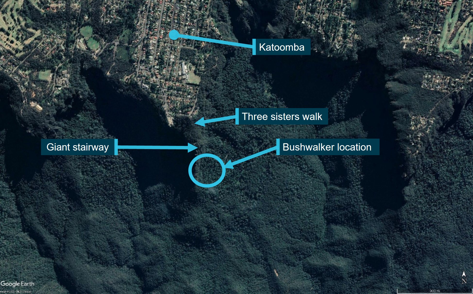 Figure 2: Location of bushwalker at the base of the Giant Stairway near Katoomba, NSW