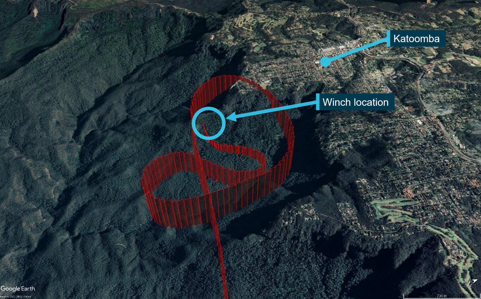 Figure 4: Flight data showing VH-TJH overflying the bushwalker and staging point before approaching the winch location
