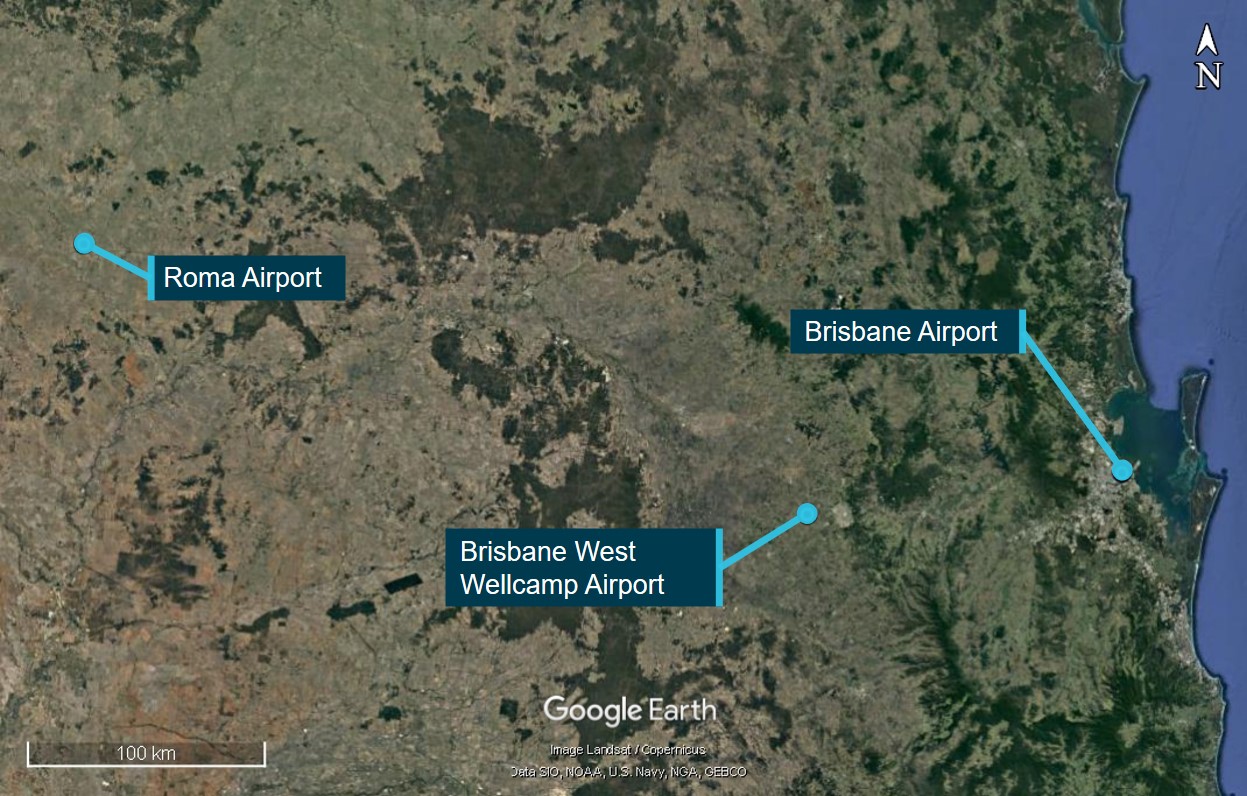 Figure 1: Locations of Brisbane and Roma Airports in reference to Brisbane West Wellcamp Airport