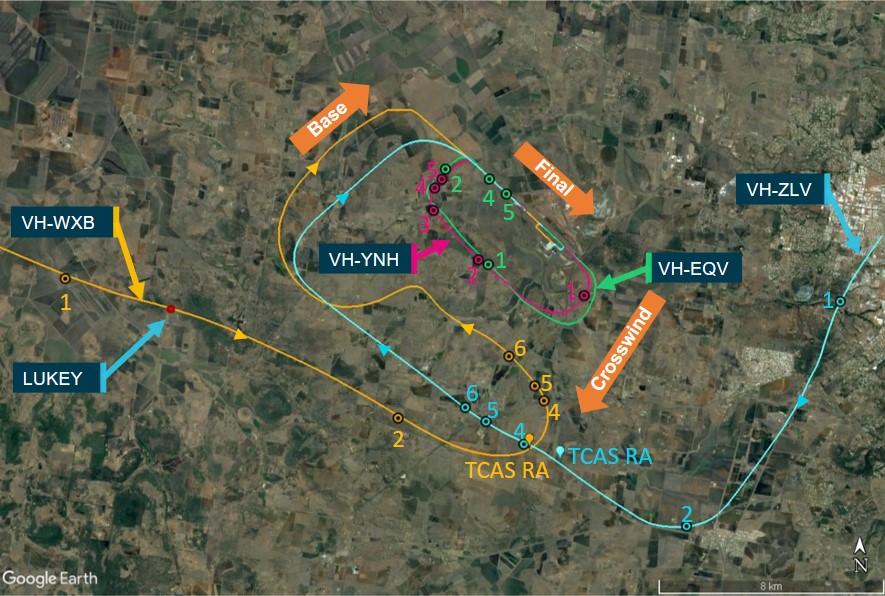 Figure 2: Aircraft flight paths and positions during different CTAF broadcasts – WXB in yellow, ZLV in blue, EQV in green and YNH in pink, with numbering showing where each aircraft was at the time of the broadcasts