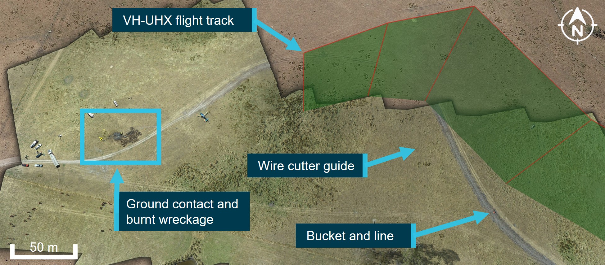 Figure 7: Accident site showing the flight track of VH-UHX (red/green shaded area) and items that had liberated from the helicopter