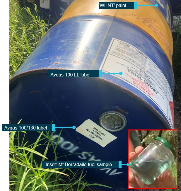 Figure 24: WHNT fuel drum at Mount Borradaile showing distinct paint and labels. Inset: Fuel sample