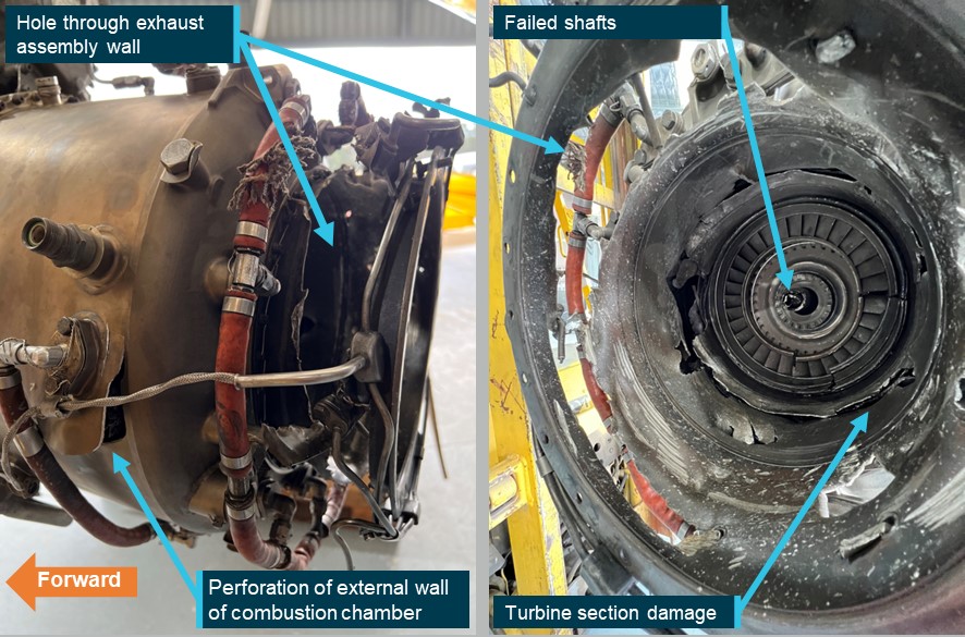 Figure 3: Damage to the engine combustion chamber, turbine section, and exhaust assembly