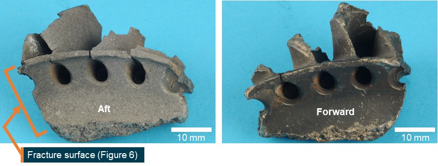 Figure 5: Recovered fragment of 3rd-stage turbine wheel found lodged in the combustion case viewed from the aft (left) and forward sides (right)