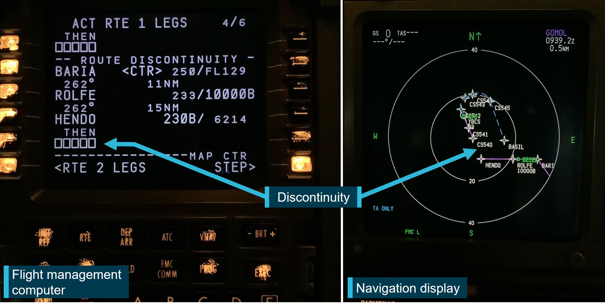 Figure 9: Flight management computer (left) and navigation display (right) showing the discontinuity