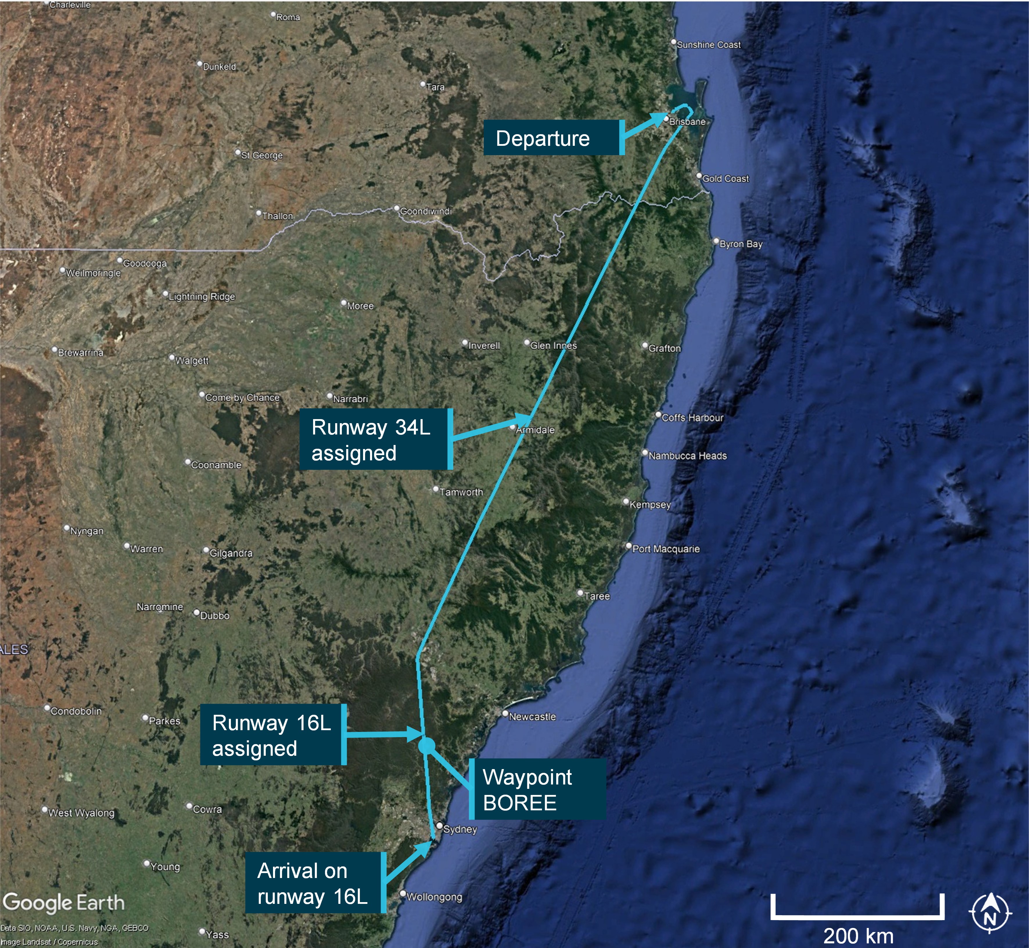 Figure 1: Flight path of VA942 with respect to when the runway was assigned.