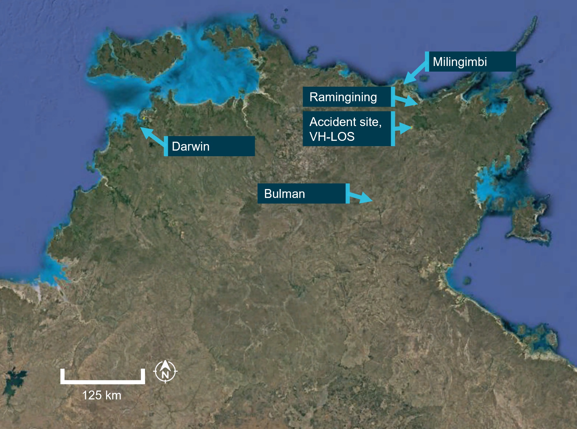 Figure 1: Map of the Northern Territory showing the location of the accident site and nearby locations