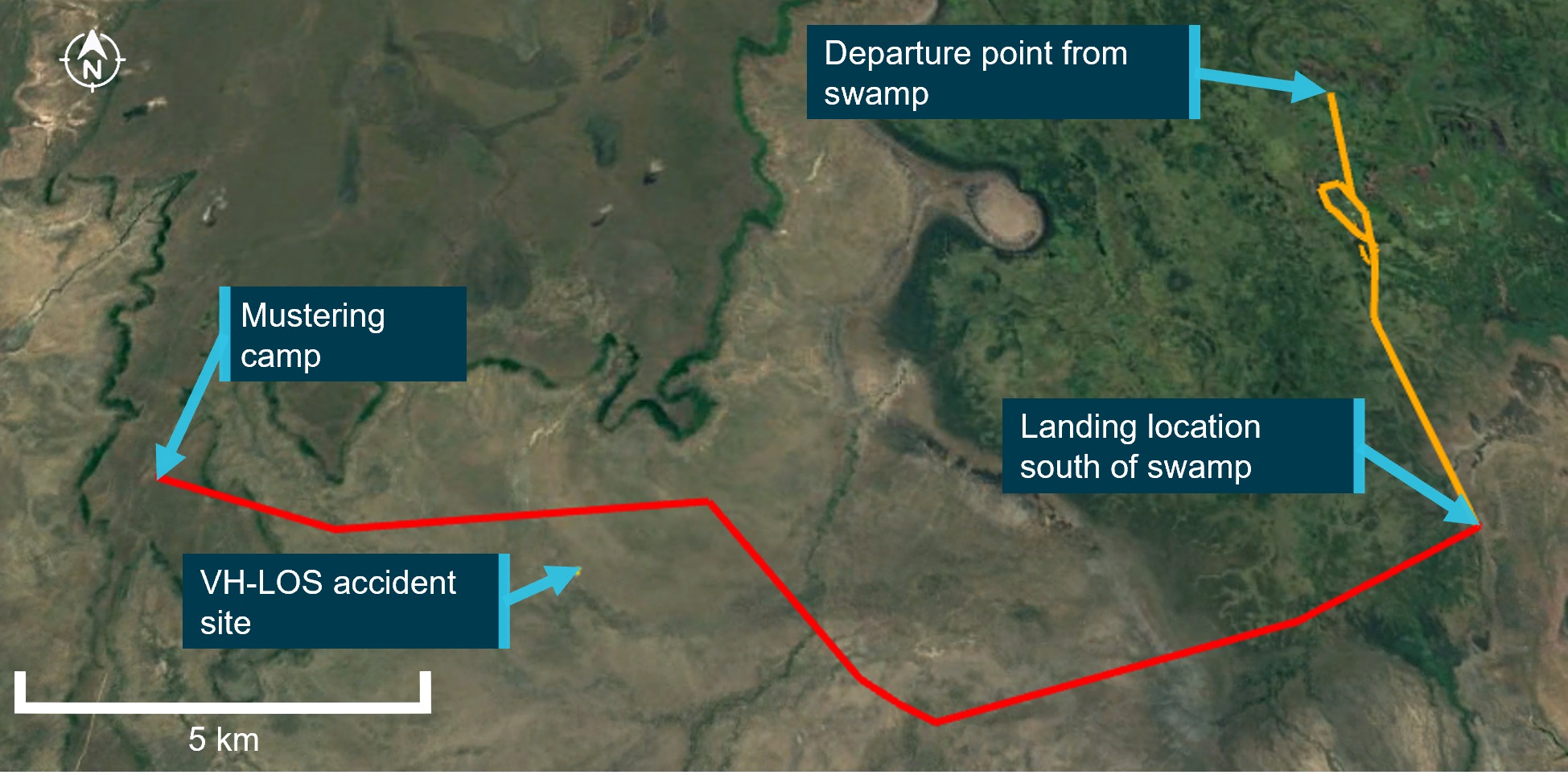 Figure 2: Map of Arafura Swamp and key locations, and track of VH-LOS